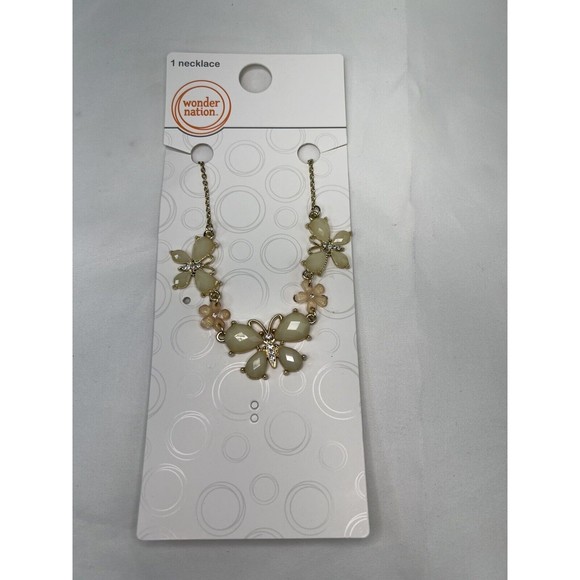 Gold Tone Rhinestones Butterfly Flowers‎ Statement Necklace - Picture 9 of 9